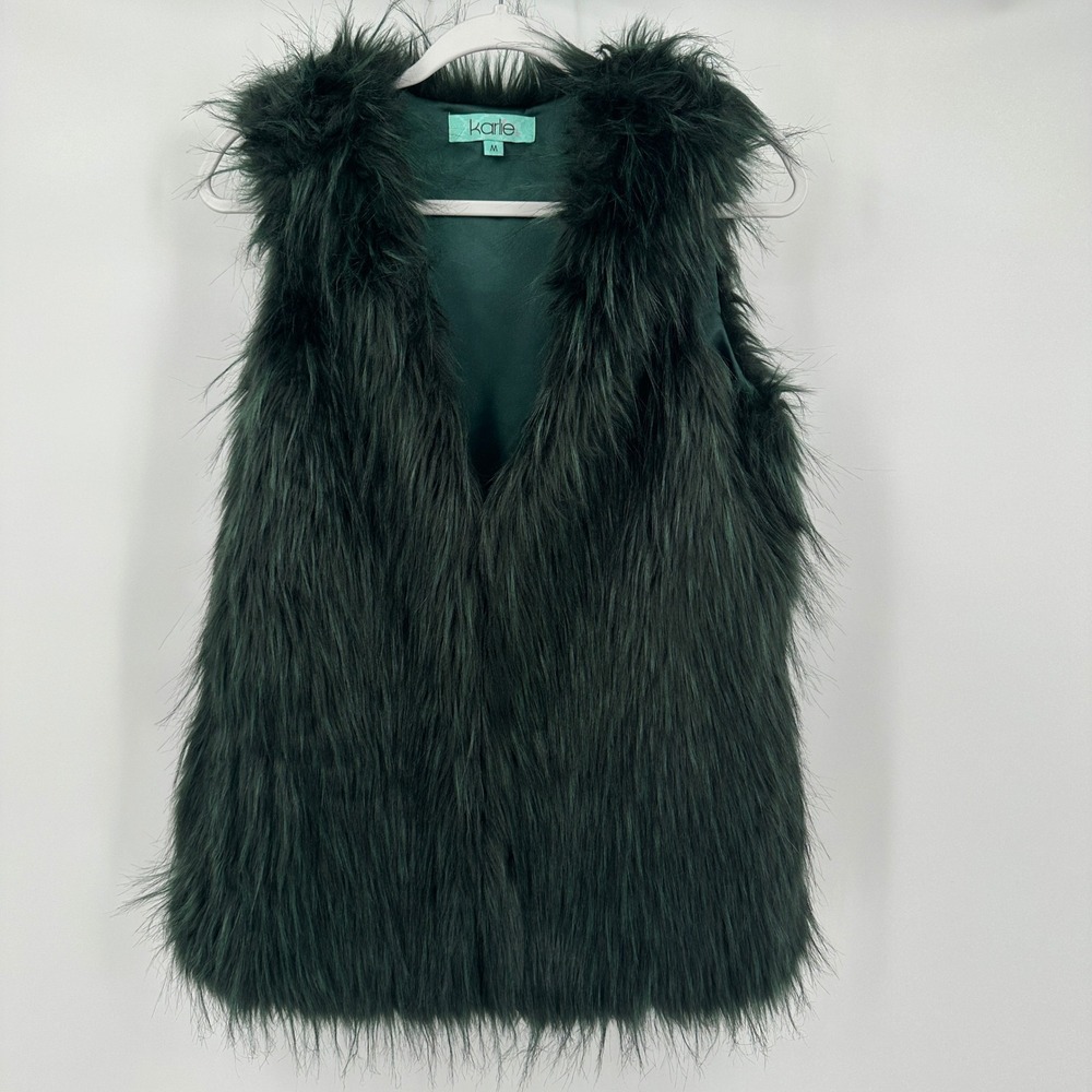Womens Shaggy Faux Fur Vest Sie M Dark Green Boho Chic Glam Statement Retro
